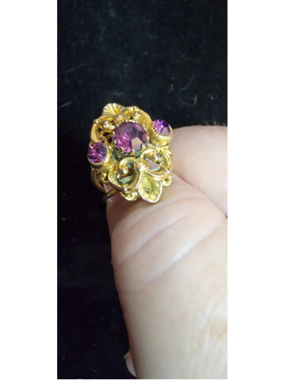 Vintage Gold Tone Filigree Purple Stone Statement Ring Adjustable Size